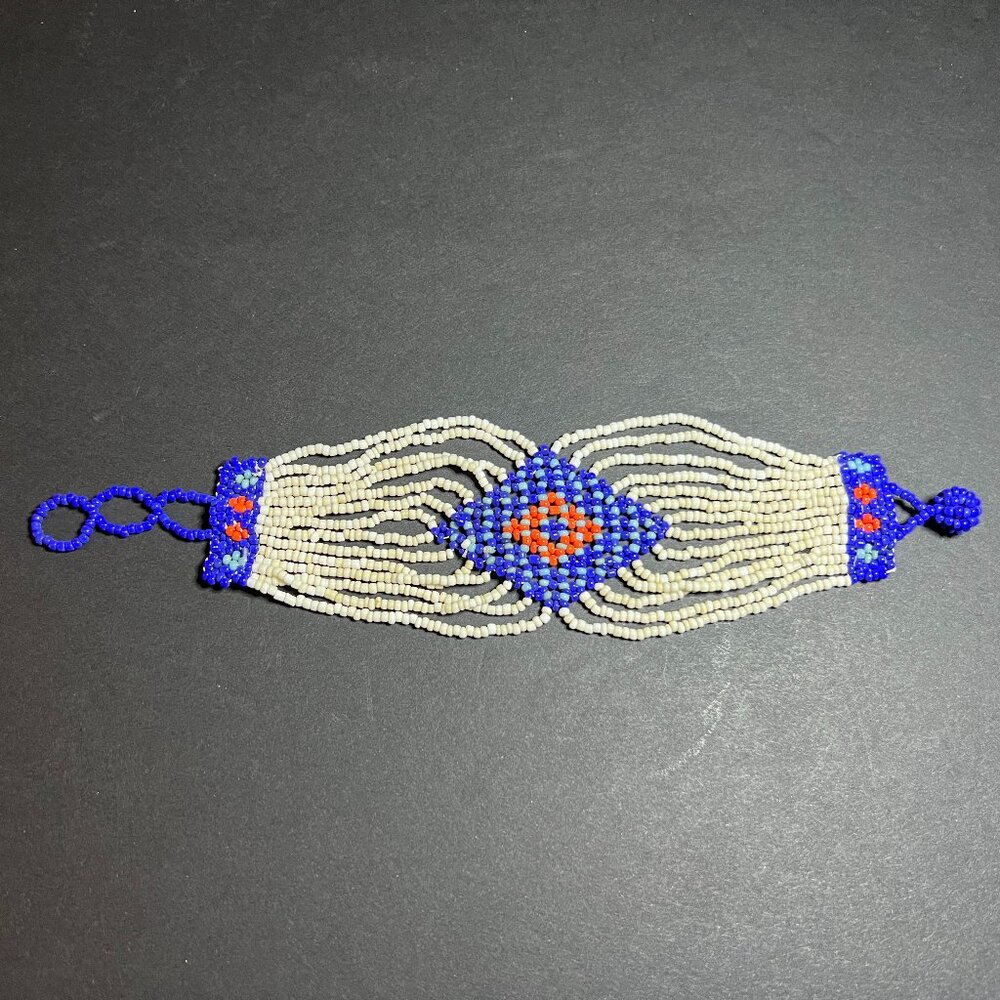 Vintage Handmade Blue, Ivory & Orange Indigenous Tribal Seed Beaded Bracelet